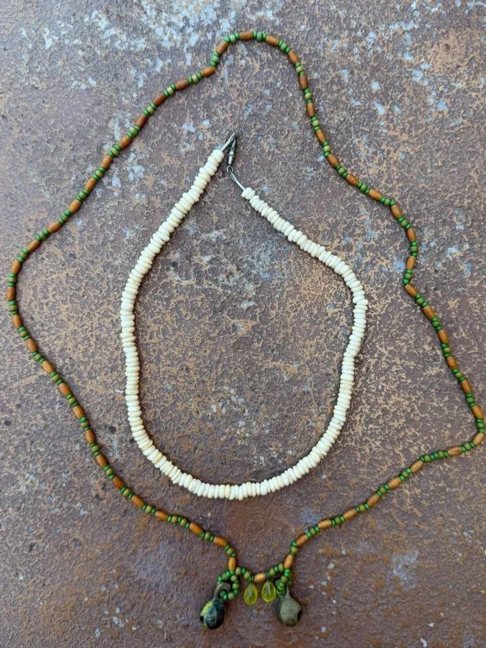 Handmade artisan beaded necklace pooka set with green and brown beads  #boho